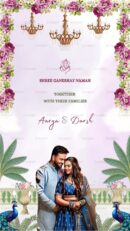 Engagement ceremony design with peacock, flowers, and chandeliers