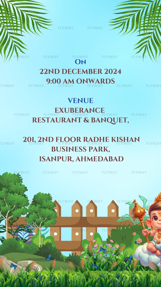 Cradle ceremony invite with date, venue, and baby god design