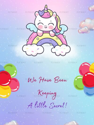 Cute pastel unicorn baby reveal with balloons and dreamy sky