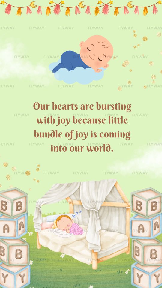 Pastel baby announcement with crib, blocks, and sleeping infant illustration