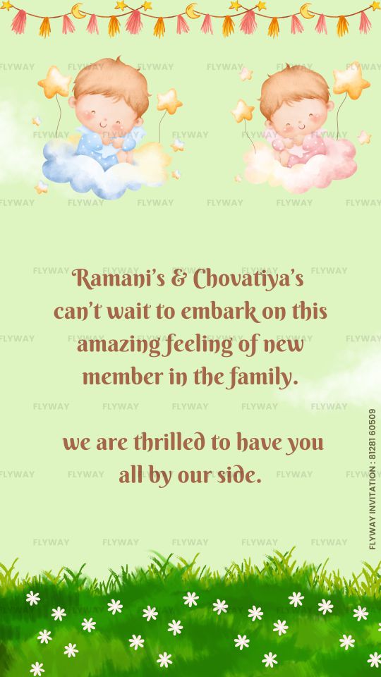 Twin baby-inspired announcement with stars, clouds, and playful children art