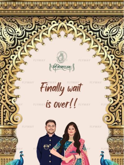 Royal Mughal wedding save the date design with peacocks and floral arch