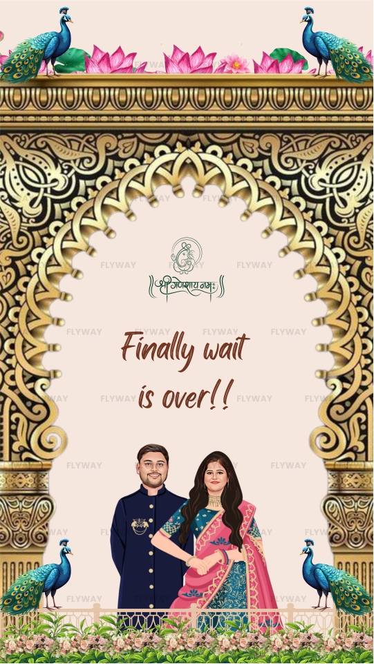 Royal Mughal wedding save the date design with peacocks and floral arch