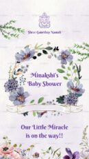 Baby shower invitation card with floral design and "Minakshi's Baby Shower" text