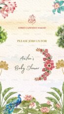Baby shower invitation with floral and peacock design for Aesha's baby shower