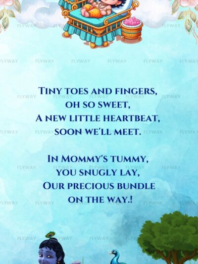 Cute baby Krishna on a royal cradle with baby shower poem
