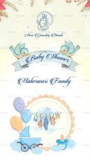 Elegant pastel-themed baby shower invitation with Ganesh symbol and baby essentials