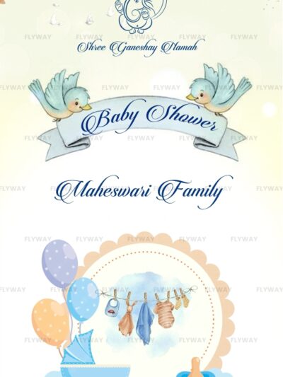 Elegant pastel-themed baby shower invitation with Ganesh symbol and baby essentials