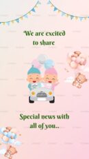 pastel baby announcement card with twin babies in car and floating teddy bears