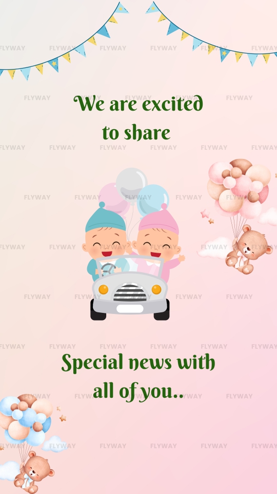 pastel baby announcement card with twin babies in car and floating teddy bears