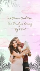 Pregnancy announcement with dog and couple smiling