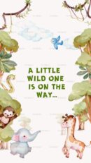 Jungle-themed baby shower announcement with cute animals