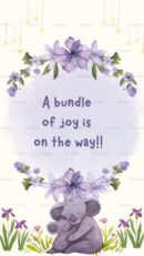 A cute baby shower invitation card with purple floral design and a koala illustration announcing "A bundle of joy is on the way"