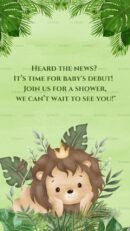 Jungle-themed baby shower invite with cute lion and debut announcement