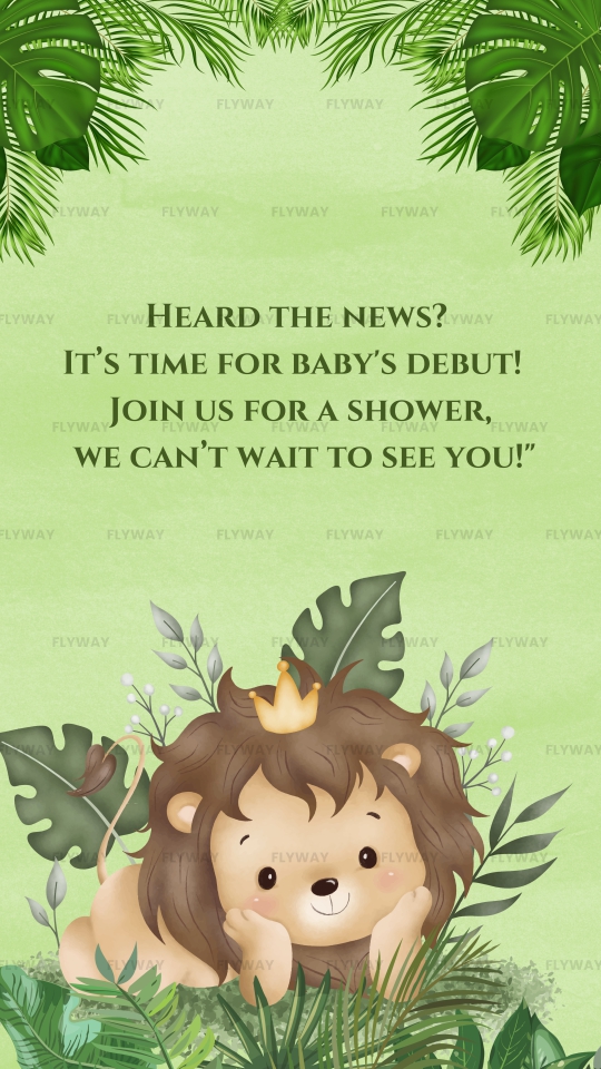 Jungle-themed baby shower invite with cute lion and debut announcement