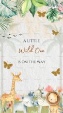 Baby shower invite with jungle animals and "A Little Wild One is on the Way"