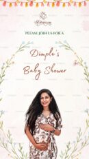 Dimple's baby shower invitation with floral design and pregnant woman