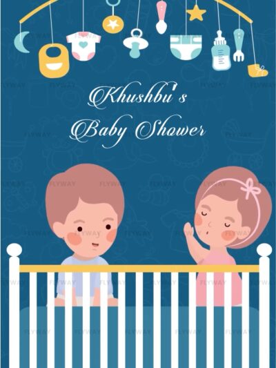 Baby shower invitation with crib and playful baby illustration