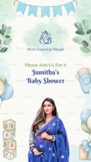 Jumitha baby shower invitation with pregnant woman in blue saree
