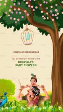 Baby shower invitation with Krishna and child under tree