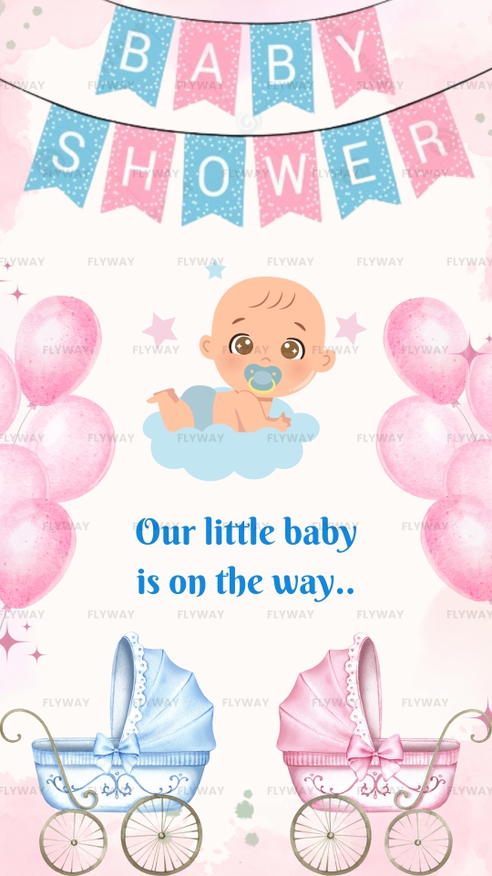 Cute pastel baby shower invitation with baby in cloud and pink-blue balloons