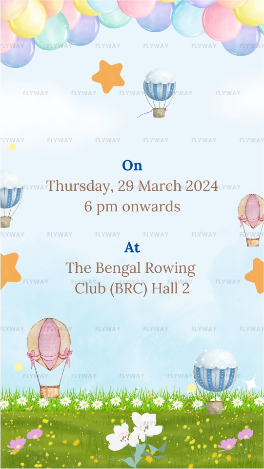 Baby shower event detail card with colorful sky theme