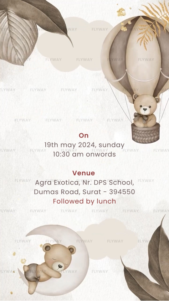 Balloon and moon themed bear baby shower card