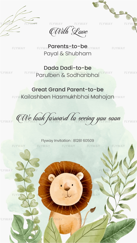 Safari lion baby shower invitation with botanical watercolor design