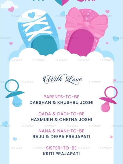 Family love themed baby shower announcement with baby shoes and cloud design