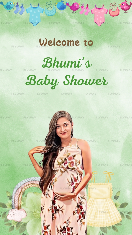 Baby shower welcome card with expectant mother illustration