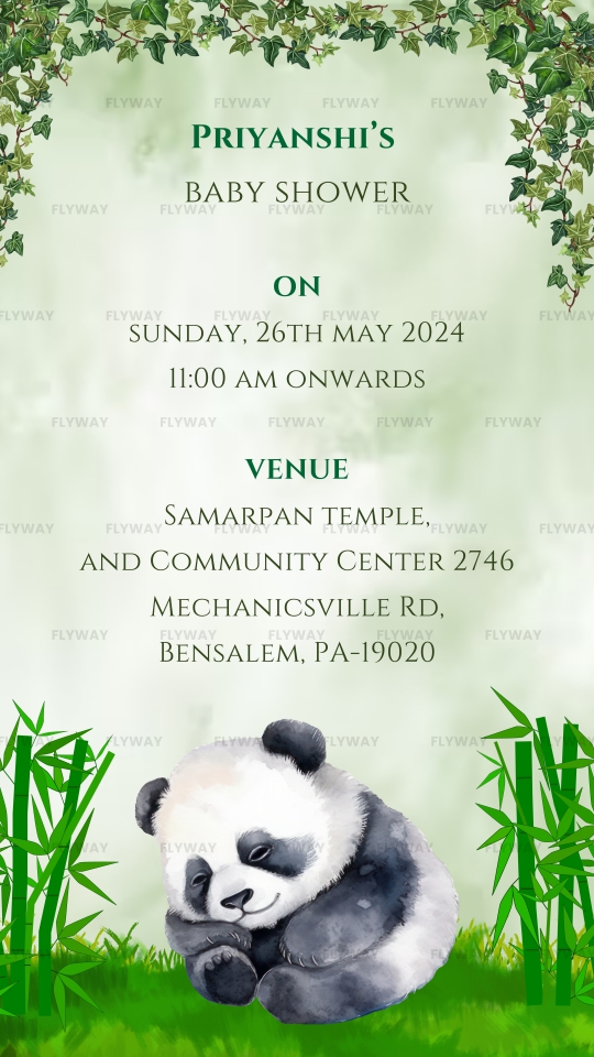 Sleeping baby panda on a leafy background with event details