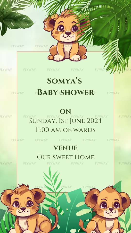 Baby shower event card with lion cubs and date details