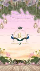 Radha Krishna wedding invite welcome screen with floral arch and peacocks