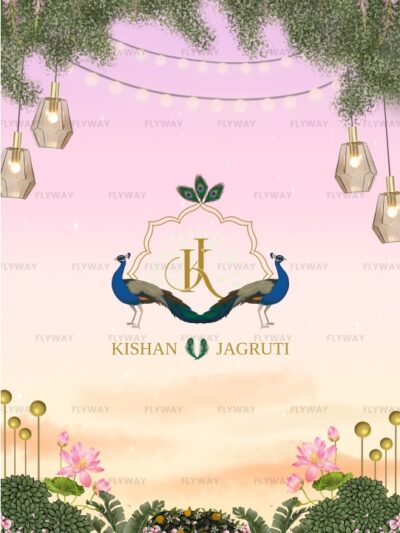 Radha Krishna wedding invite welcome screen with floral arch and peacocks