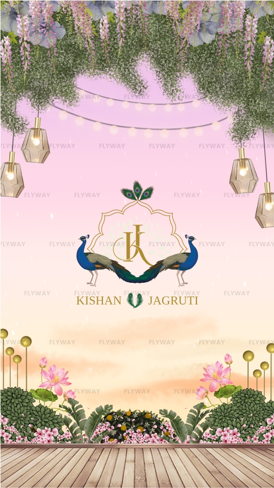 Radha Krishna wedding invite welcome screen with floral arch and peacocks