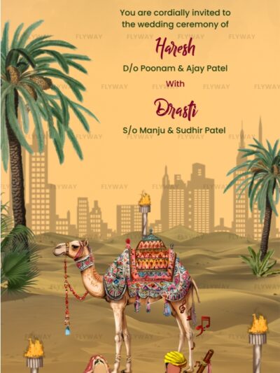 Desert-themed wedding invitation cover with camel and couple illustration