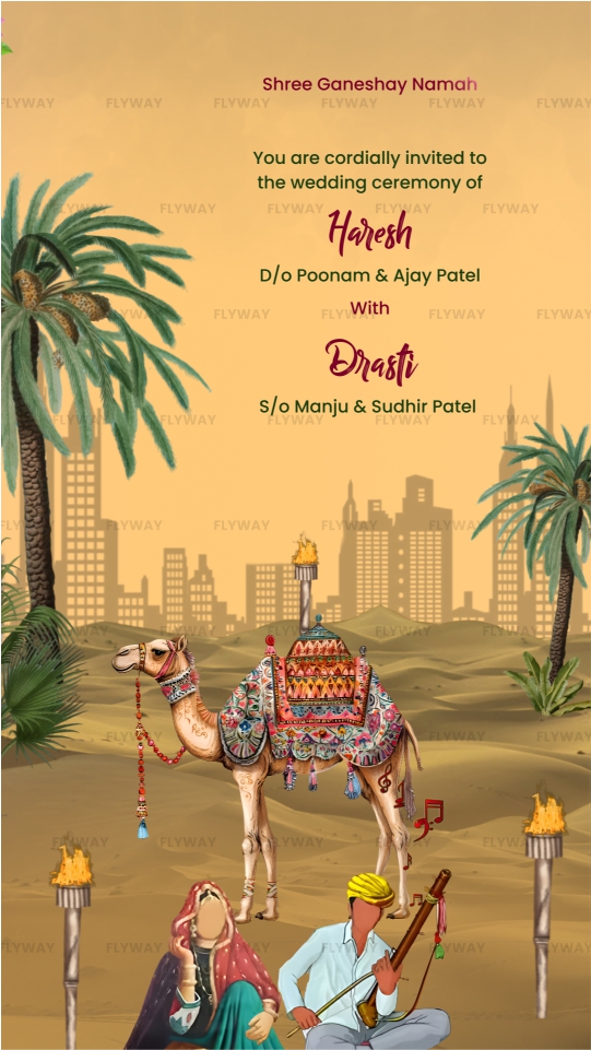 Desert-themed wedding invitation cover with camel and couple illustration