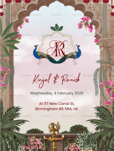 Save the Date invitation with peacocks and flowers