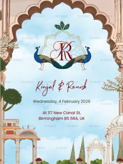 Royal floral save the date invitation with peacocks