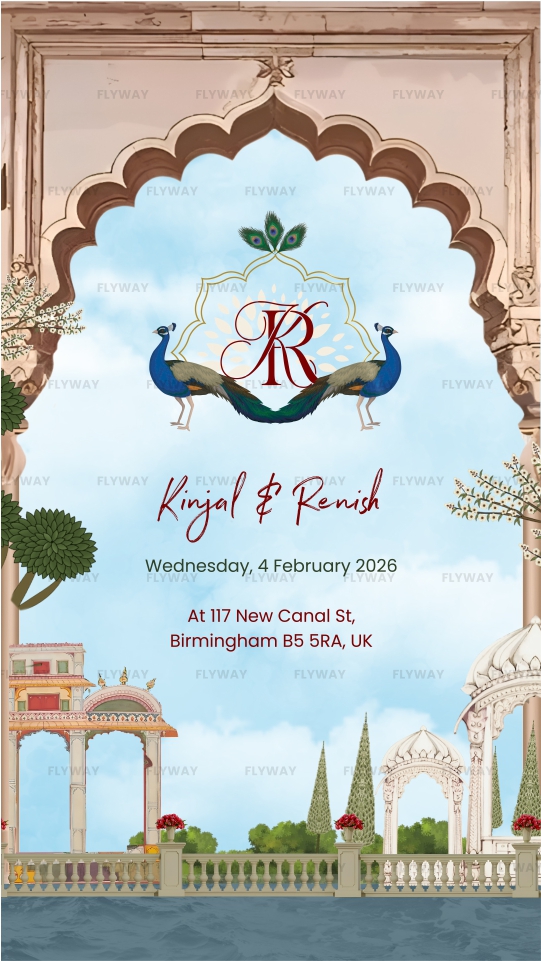 Royal floral save the date invitation with peacocks