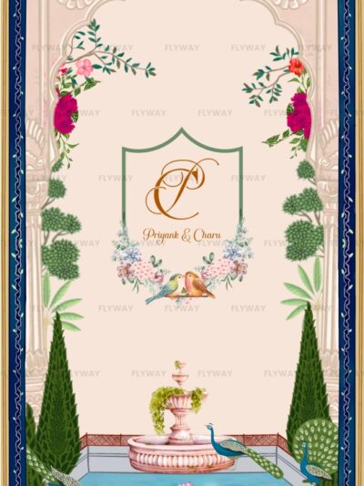 Mughal-style wedding monogram with floral and parrot motifs