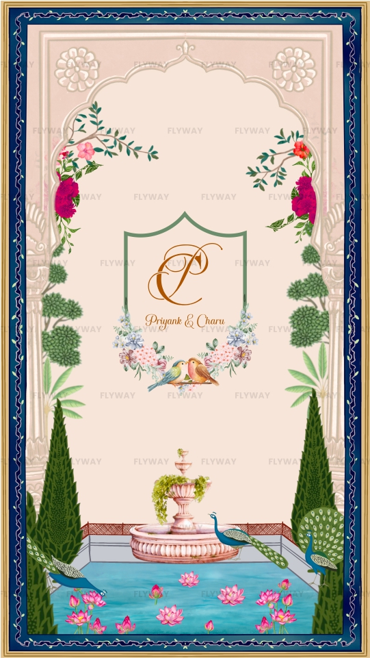 Mughal-style wedding monogram with floral and parrot motifs