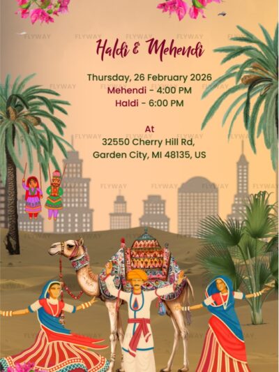 Haldi & Mehendi ceremony invitation with desert and floral decorations
