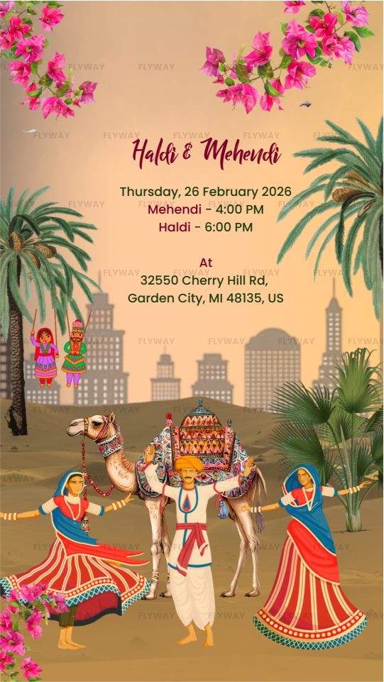Haldi & Mehendi ceremony invitation with desert and floral decorations