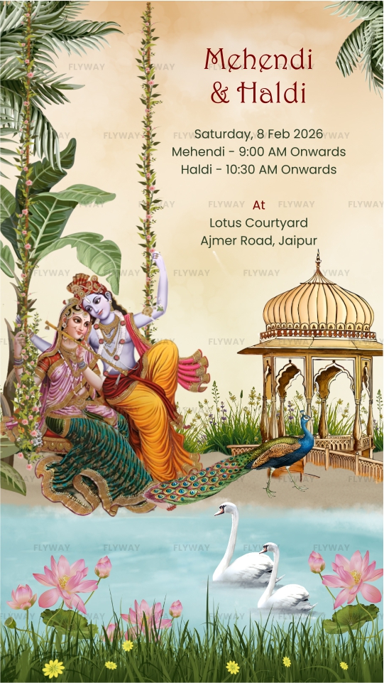 Mehendi and Haldi invite with Radha Krishna on peacock swing