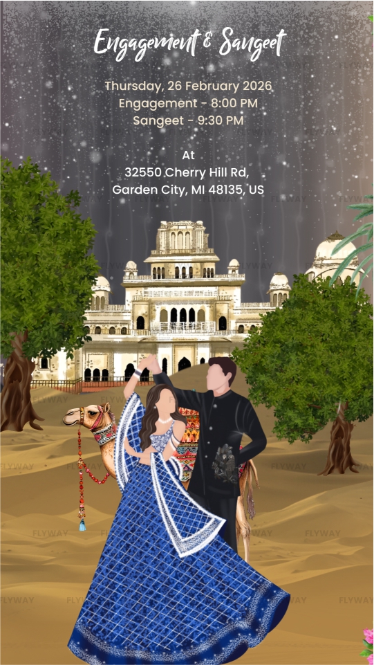 Engagement and Sangeet ceremony invitation with dancing couple and desert palace