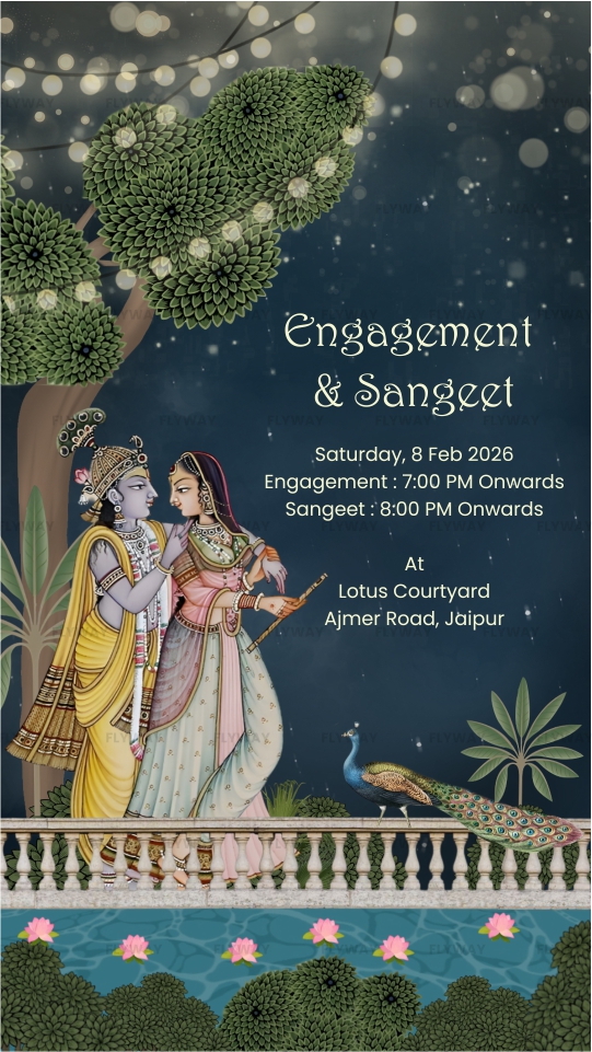 Engagement and Sangeet wedding invite with night garden and Radha Krishna