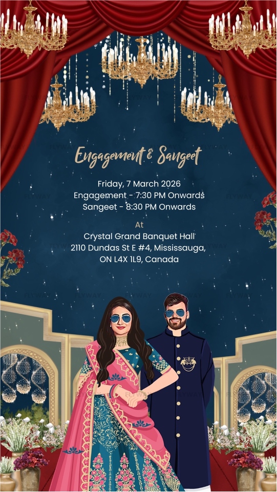 Engagement and Sangeet animated invitation with chandeliers and regal backdrop