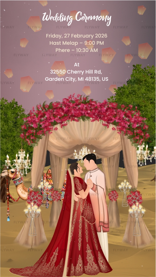 Wedding ceremony invitation with bride and groom under floral mandap in desertWedding Ceremony Invitation
