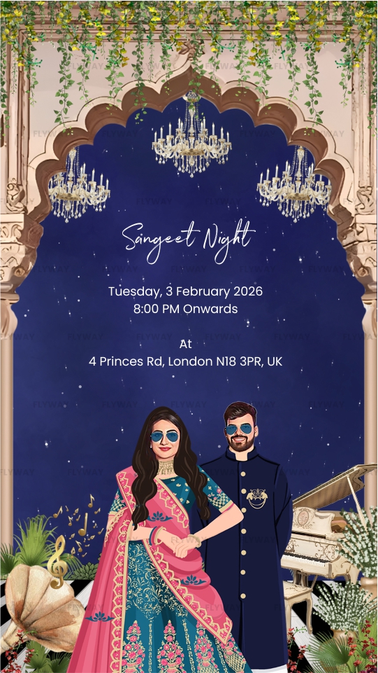 Musical-themed Sangeet night invite with chandelier sky